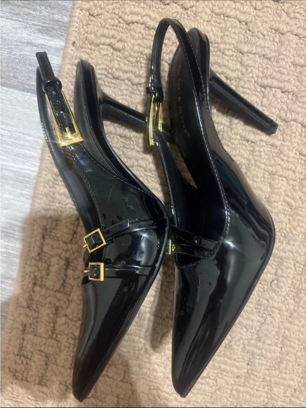 Black Patent Slingback Pumps with Gold Buckles
